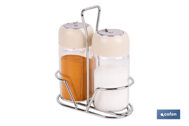 Cofan – Set de Salero y Pimentero con Soporte | Vidrio Borosilicato | Tapas Beige | 120 ml | Juego de 2 Piezas | Dosificación Controlada